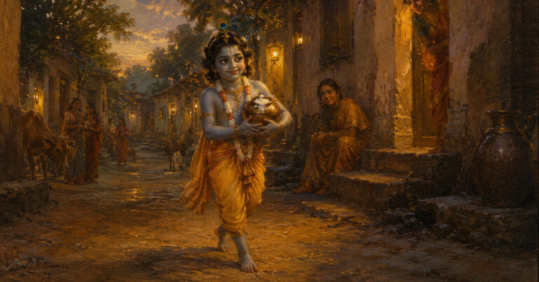 Young Krishna wandering playfully through a Vrindavan lane, showing the Madhurashtakam meaning of sweetness in movement and conduct