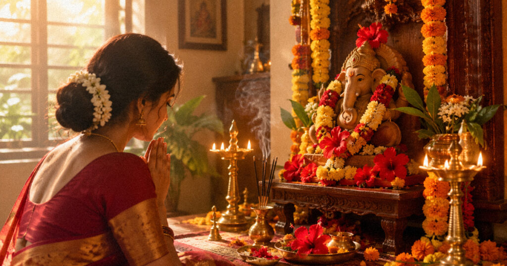 Ganesh Chaturthi 2026: Origin, Rituals, Dos, Don'ts and Mantras Family welcoming Ganesha idol home on Ganesh Chaturthi morning with flowers and diya
