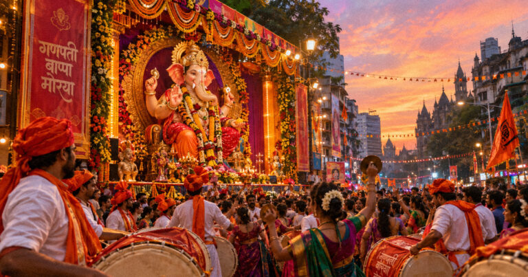 Crowded street pandal celebration during Ganesh Chaturthi with dhol players and devotees