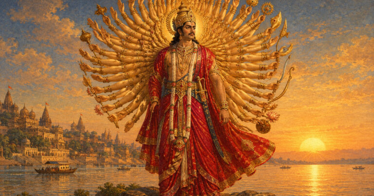Kartavirya Arjuna mantra illustration showing the thousand armed king