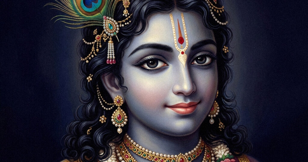 Madhurashtakam meaning explained: line by line analysis of all eight verses Close up of Krishna's forehead tilak mark, illustrating the Madhurashtakam meaning of sweetness found even in small sacred details
