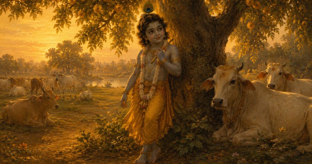 Madhurashtakam meaning explained: line by line analysis of all eight verses Krishna standing under a kadamba tree in Vrindavan at golden hour, representing the Madhurashtakam meaning of sweetness