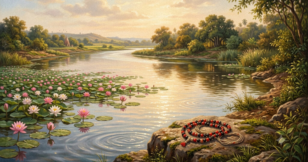Madhurashtakam meaning explained: line by line analysis of all eight verses Yamuna river with lotus flowers and gunja seed garland, capturing the Madhurashtakam meaning of sweetness spreading into nature